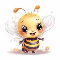 süß Karikatur Biene mit Blumen auf Weiß Hintergrund, generativ ai foto