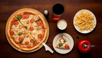 oben Aussicht von Pizza mit Mozzarella Käse, Pilze, Oliven und Tomate Soße auf hölzern Hintergrund, generativ ai foto