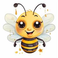 süß Karikatur Biene mit Blumen auf Weiß Hintergrund, generativ ai foto