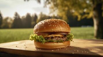 Nahansicht von Hamburger auf hölzern Tabelle mit verschwommen Hintergrund, generativ ai foto