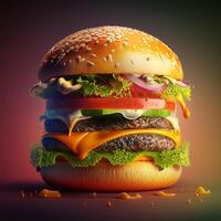 groß lecker Cheeseburger auf ein dunkel Hintergrund, generativ ai foto