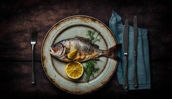 oben Aussicht von gebraten Fisch im Platte, generativ ai foto