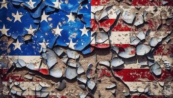 geknackt amerikanisch Flagge, Dekonstruktivismus Zersplitterung, bespritzt zerrissen generativ ai foto
