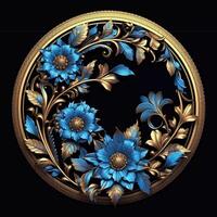 3d golden Kranz Dekoration Rahmen mit Blau und Grün Blumen generativ ai foto