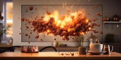 koffeinhaltig Koffein Explosion, im das Stil von fotorealistisch Detail, staubig Haufen, Bokeh Panorama, dunkel Bronze, Arnoldo Pomodoro, geformt Segeltuch ai generiert foto