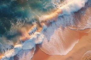 Antenne Ozean Welle mit ein hell Türkis Sand Strand Abdeckung, Finnland, im das Stil von fotorealistisch Fantasien ai generiert foto