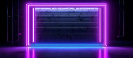 auffällig Design Eigenschaften ein einzigartig Kombination von Blau und lila Neon- Beleuchtung gegen ein schwarz Hintergrund, mit reflektierend Beton Hinzufügen ein berühren von Textur und Tiefe generativ ai foto