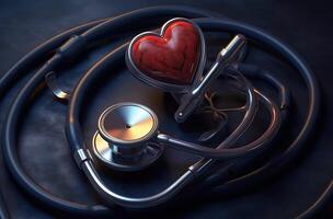 ein Herz zwischen zwei Stethoskope, im das Stil von Licht rot und dunkel grau generativ ai foto