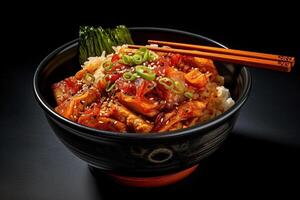 Koreanisch Essen, würzig Kimchi im ein Schüssel mit Essstäbchen.ai generiert foto