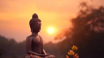 Buddha Statue auf Sonnenuntergang hintergrund.ai generativ foto