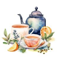 Aquarell Tee mit Teekanne. Illustration ai generativ foto