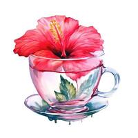 Aquarell Tee mit Hibiskus Blume. Illustration ai generativ foto