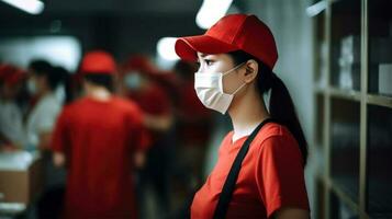 Seite Aussicht Porträt von asiatisch Lieferung Mädchen tragen rot Uniform und schützend Maske im Lagerhaus, Arbeit zum Kurier Unternehmen. generativ ai. foto