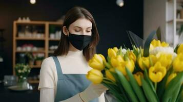 jung weiblich Florist tragen Maske während Arbeiten im ihr speichern, generativ ai. foto