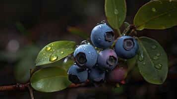 ein fesselnd fotografieren Das Markieren einzigartig Hintergrund von frisch Blaubeeren auf Ast mit Wasser Tröpfchen, erstellt durch generativ ai Technologie. foto