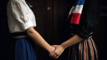 abgeschnitten Bild von traditionell Kleidung Frankreich Frauen halten Hände gegen braun Tür. generativ ai. foto