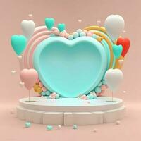 3d machen, Sanft Pastell- Farbe Herz gestalten Rahmen mit Podium und dekorativ Luftballons. foto
