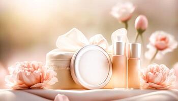 Hautpflege Kosmetika Geschenk einstellen von ein Schönheit Box im ein sonnig Blume Garten. generativ ai foto