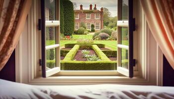 Fenster Aussicht auf ein alt Haus und Garten Nachlass im das Stil von das Englisch Landschaft. generativ ai foto