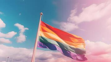 Regenbogen Flagge, Symbol zum das lgbt Gemeinschaft, winken im Blau Himmel erstellt mit generativ ai Technologie foto