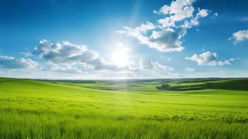 Blau Himmel und Wolke mit Wiese, einfach Landschaft Hintergrund zum Sommer- Poster, generativ ai Technologie foto