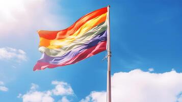 Regenbogen Flagge, Symbol zum das lgbt Gemeinschaft, winken im Blau Himmel erstellt mit generativ ai Technologie foto