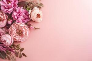 Rosen auf ein Rosa Hintergrund mit Kopieren Raum. abstrakt natürlich Blumen- Rahmen Layout mit Text Raum. romantisch feminin Komposition. ai generativ foto