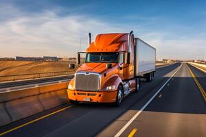 Orange LKW Fahren auf Autobahn, generativ ai foto