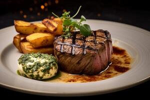 saftig gegrillt Steak gewürzt mit Butter und Gewürze. ai generativ foto