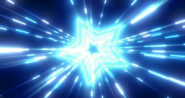 abstrakt Blau Energie futuristisch Hi-Tech Tunnel von fliegend Sterne und Linien Neon- Magie glühend Hintergrund foto