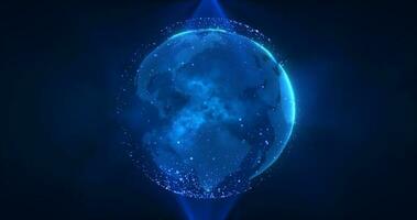 Abstrakter blauer Planet Erde, der sich mit futuristischen Hightech-Partikeln dreht, hell leuchtende magische Energie, abstrakter Hintergrund foto