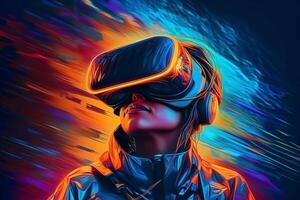 futuristisch virtuell Headset Brille getragen durch Männer mit abstrakt Kunst Technologie zeigen Metaverse. generativ ai foto