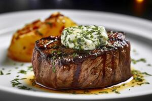 saftig gegrillt Steak gewürzt mit Butter und Gewürze. ai generativ foto