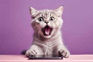 glamourös weiblich Katze ist mit Handy, Mobiltelefon Telefon und schreiend mit Freude und Glück. generativ ai foto
