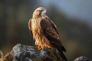 ein Adler thront auf ein Berg Felsen. generativ ai foto