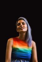 jung lila Haar Profil Aussicht Fröhlich Frau 20er Jahre tragen Regenbogen ärmellos Kleid Taille oben Aussicht isoliert auf einfach schwarz Hintergrund Studio Porträt, ai generiert foto