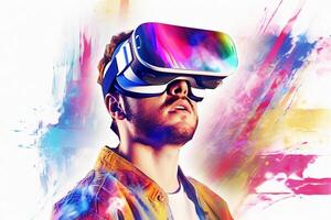 futuristisch virtuell Headset Brille getragen durch Männer mit abstrakt Kunst Technologie zeigen Metaverse. generativ ai foto