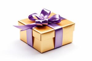 golden Geschenk Box mit lila Band isoliert auf ein Weiß Hintergrund. generativ ai foto