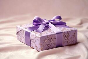 lila Geschenk Box mit lila Band gemacht von Satin- Muster auf Sanft Beige Hintergrund. ai generativ foto