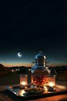 3d machen von Arabisch Termine Topf mit zündete Laternen, Snack auf Tablett beim Nacht Zeit. islamisch religiös Konzept. foto