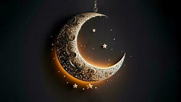 3d machen von hängend exquisit glänzend geschnitzt Mond mit Sterne auf schwarz Hintergrund. islamisch religiös Konzept. foto