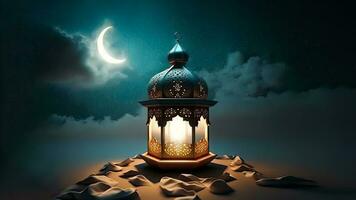 realistisch beleuchtet Arabisch Laterne und realistisch Halbmond Mond auf wolkig Hintergrund. islamisch religiös Konzept. 3d machen. foto