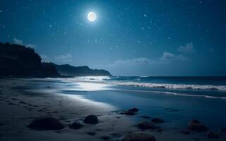 hell Nacht Landschaft durch das Meer beim voll Mond generativ ai foto