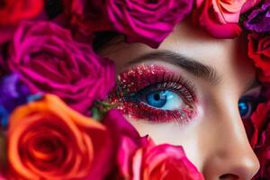 schön weiblich Auge bilden im Blumen Schönheit Pflege generativ ai foto
