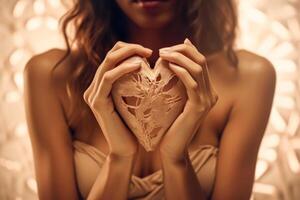 Mädchen halten ein Herz Liebe Symbol Frau Körper generativ ai foto
