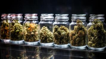 Glas Gläser mit anders Belastung von Cannabis Anzeige Fall mit Knospen von medizinisch Marihuana generativ ai foto