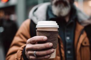 Mann halten Morgen Kaffee im ein Glas generativ ai foto