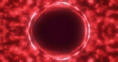 abstrakt rot Hintergrund von ein Energie Blau Magie Ring von ein runden Rahmen von glühend Partikel und Wellen von Energie foto