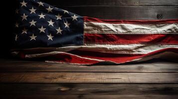 Foto Schuss von USA National Flagge auf hölzern Tabelle zum 4 .. von Juli, Denkmal Tag, Veteranen Tag, amerikanisch Unabhängigkeit Tag Feier Konzept. generativ ai Technologie.