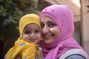 bezaubernd indisch Muslim Frau mit ein wenig Kind im Kopftuch, verschwommen Hintergrund. generativ ai. foto